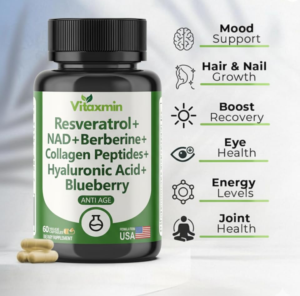 vitaxmin NAD Resveratrol Supplement 200mg with Berberine NAC Collagen - Nicotinamide Riboside NMN NADH CoQ10 Biotin Hyaluronic Acid - Hair Skin Nails Supplement - 60 Capsules vitaxminBuy Supplements Australia
