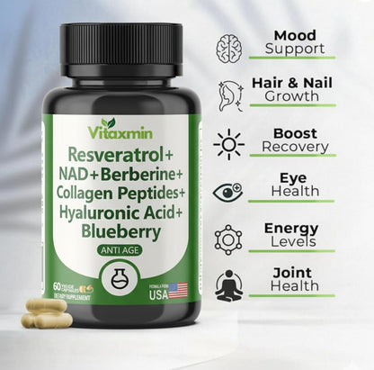 vitaxmin NAD Resveratrol Supplement 200mg with Berberine NAC Collagen - Nicotinamide Riboside NMN NADH CoQ10 Biotin Hyaluronic Acid - Hair Skin Nails Supplement - 60 Capsules vitaxminBuy Supplements Australia