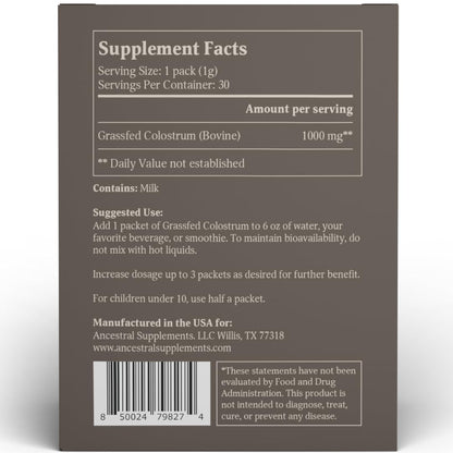 Ancestral Supplements Grass Fed Beef Bovine Colostrum Powder Packets, Immune Support Ancestral SupplementsBuy Supplements Australia
