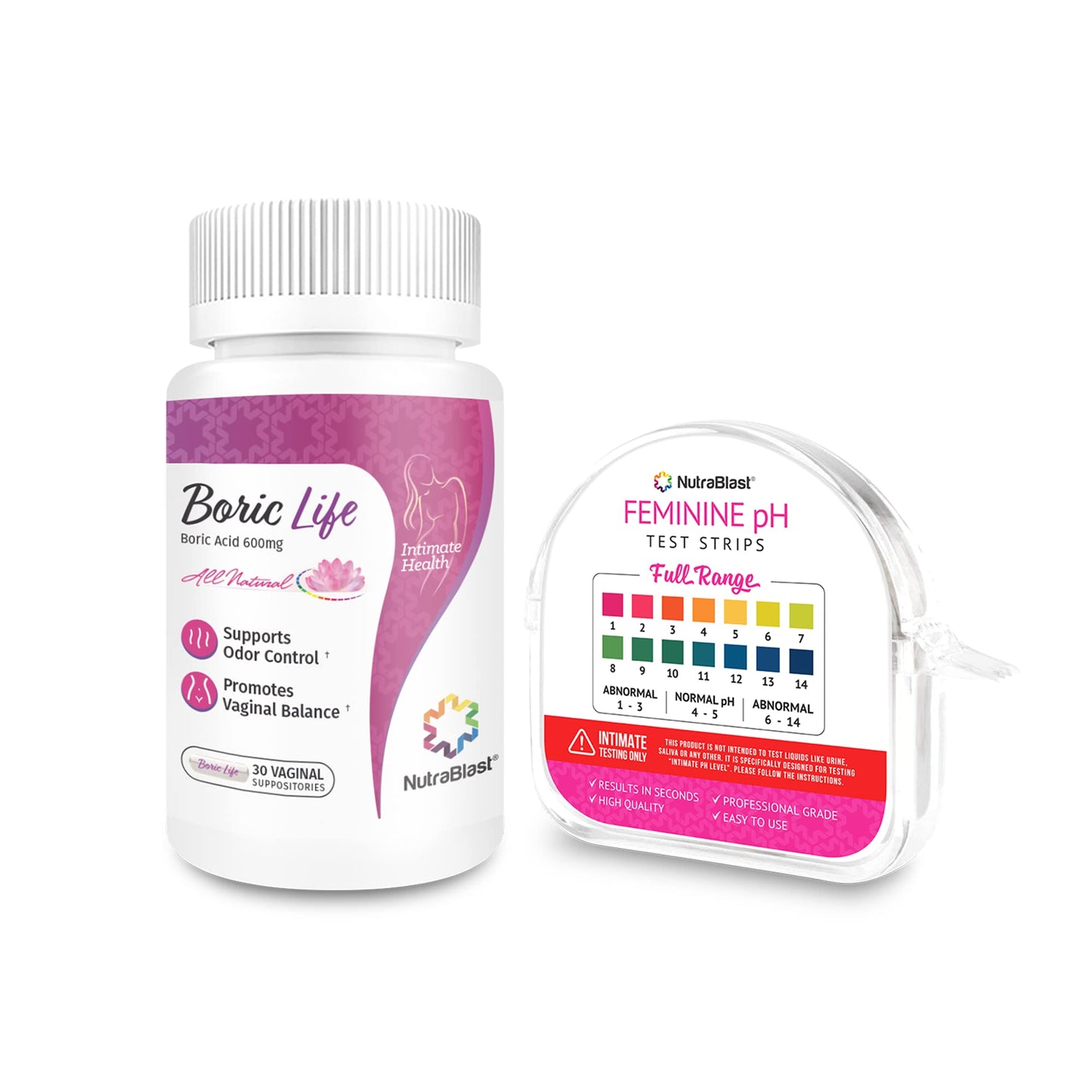 NutraBlast Boric Acid Vaginal Suppositories 600mg (30 Count) & Feminine pH Test Strips 1-14 (100-Tests Roll)