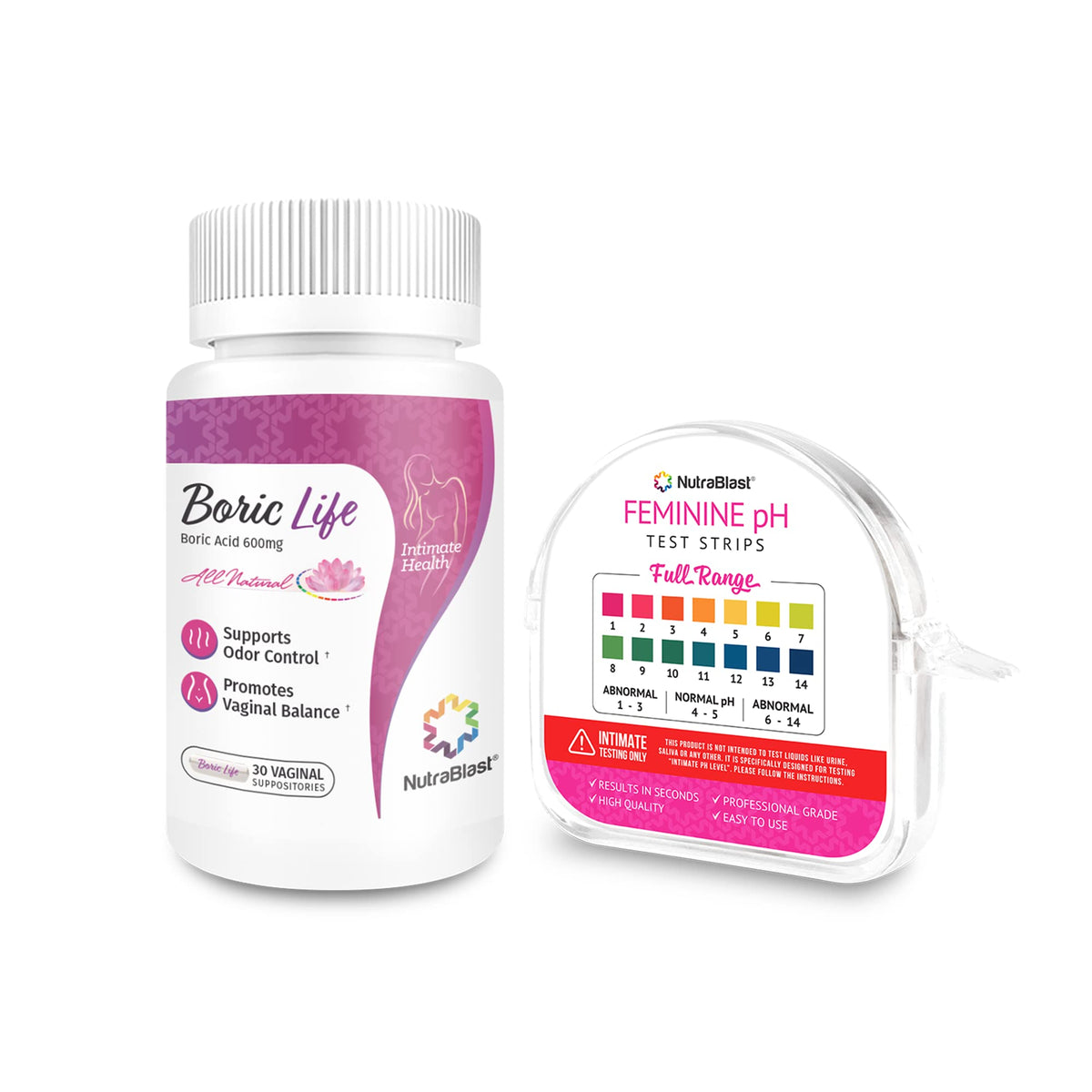 NutraBlast Boric Acid Vaginal Suppositories 600mg (30 Count) & Feminine pH Test Strips 1-14 (100-Tests Roll)