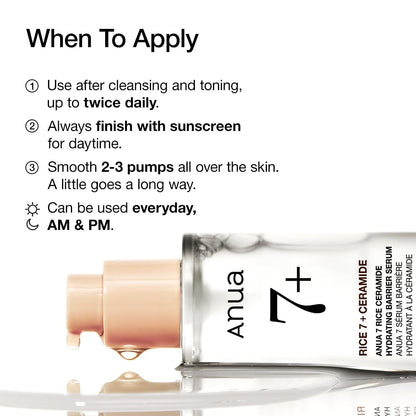 Anua Rice Ceramide 7 Hydrating Barrier Serum, Moisturizing Face Serum, Non-comodogenic, Hyaluronic Acid