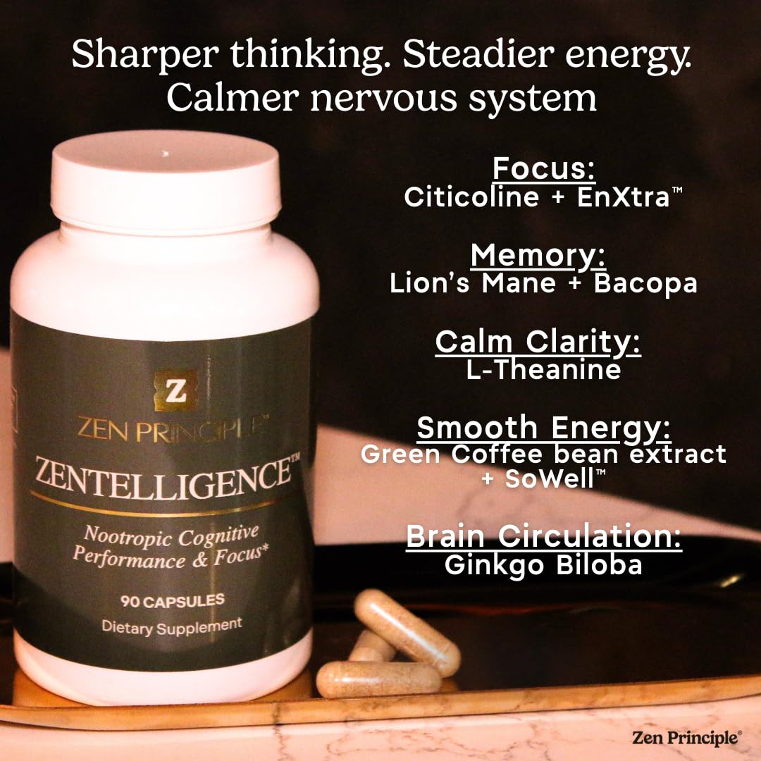 Zen Principle Zentelligence™ Focus Nootropic Supplement for Students & Professionals | Energy, Memory & Stress Support | Jitter-Free Formula with L-Theanine, Ginkgo Biloba, Huperzine A. 90 Capsules Zen PrincipleBuy Supplements Australia