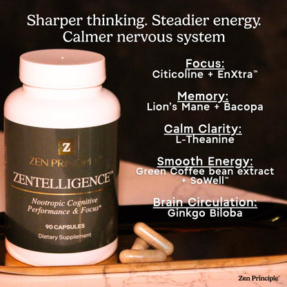Zen Principle Zentelligence™ Focus Nootropic Supplement for Students & Professionals | Energy, Memory & Stress Support | Jitter-Free Formula with L-Theanine, Ginkgo Biloba, Huperzine A. 90 Capsules Zen PrincipleBuy Supplements Australia