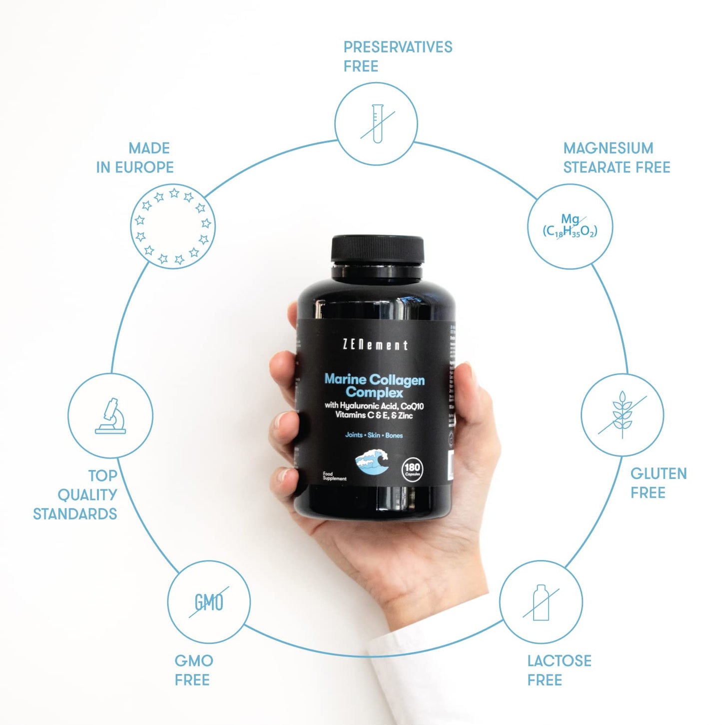 Marine Collagen Complex, with Hyaluronic Acid, CoQ10, Vitamins C & E, & Zinc, 180 Capsules ZenementBuy Supplements Australia