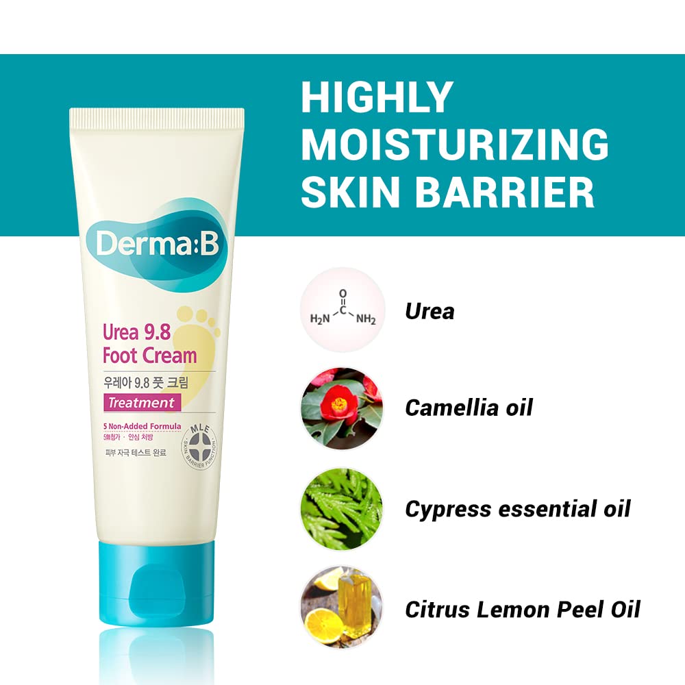Derma B | Urea 9.8% Foot Cream | Foot Lotion for Dry Cracked Heel Treatment | Camellia Oil, Urea Cream for Feet | Hypoallergenic Leg Cream for Sensitive Skin | Woody Scent Foot Care | 2.7 fl oz (80ml) Derma B buy supplements Au