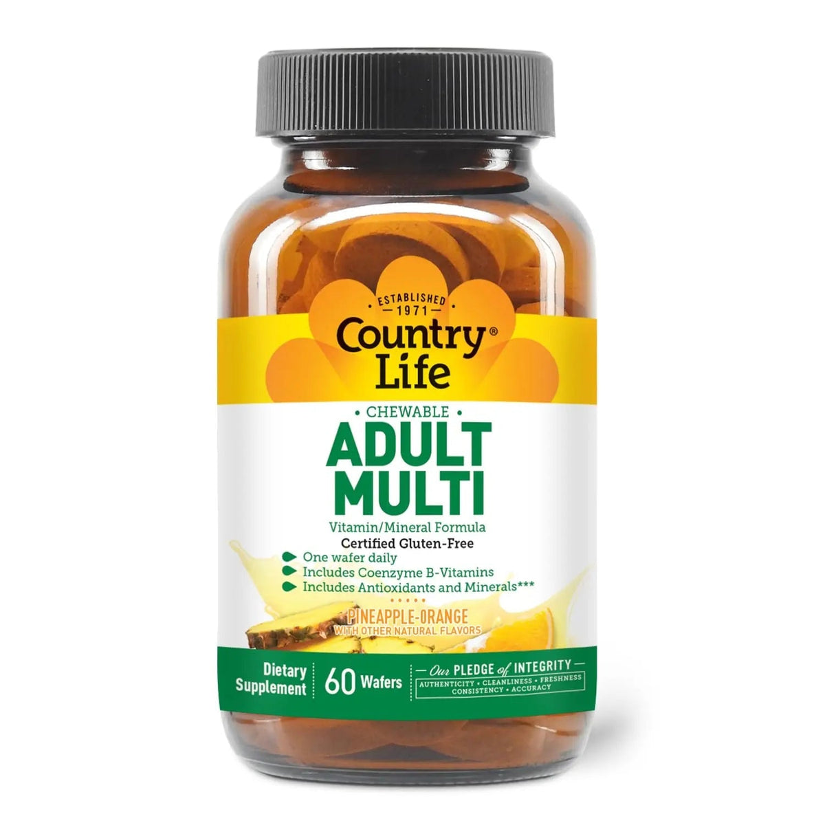 Country Life Adult Chewable Multivitamin with Coenzyme B-Vitamins, Antioxidants, Minerals, Pineapple-Orange Flavor Country Life