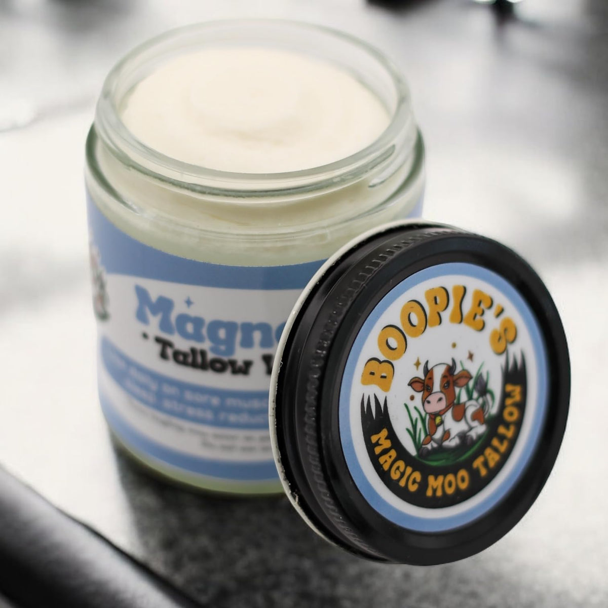 Magic Moo Magnesium Whipped Tallow Skincare for sore muscles, sleep, muscle and period cramps, stress, relaxation & more. Topical magnesium that works. Boopie's Magic Moo TallowBuy Supplements Australia
