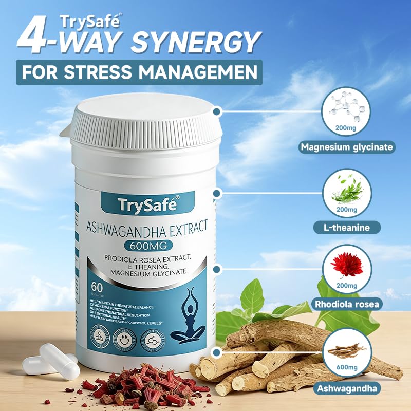 TrySafe 1100MG Cortisol Supplements for Women and Man with 600MG Ashwagandha, 200MG Rhodiola Rosea, 200MG L-Theanine, 100MG Magnesium Glycinate | for Healthy Stress Response*, Mood* TrySafeBuy Supplements Australia
