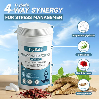 TrySafe 1100MG Cortisol Supplements for Women and Man with 600MG Ashwagandha, 200MG Rhodiola Rosea, 200MG L-Theanine, 100MG Magnesium Glycinate | for Healthy Stress Response*, Mood* TrySafeBuy Supplements Australia