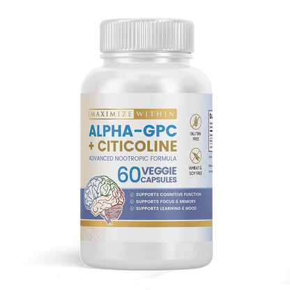 Maximize Within Alpha GPC + Citicoline 60 Ct, 1600mg Concentrated Formula- 99%+Highly Purified & Bioavailable Nootropic-Cognitive Enhancer, Supports Memory, Brain Function, Boosts Focus, Mood & Energy Maximize WithinBuy Supplements Australia