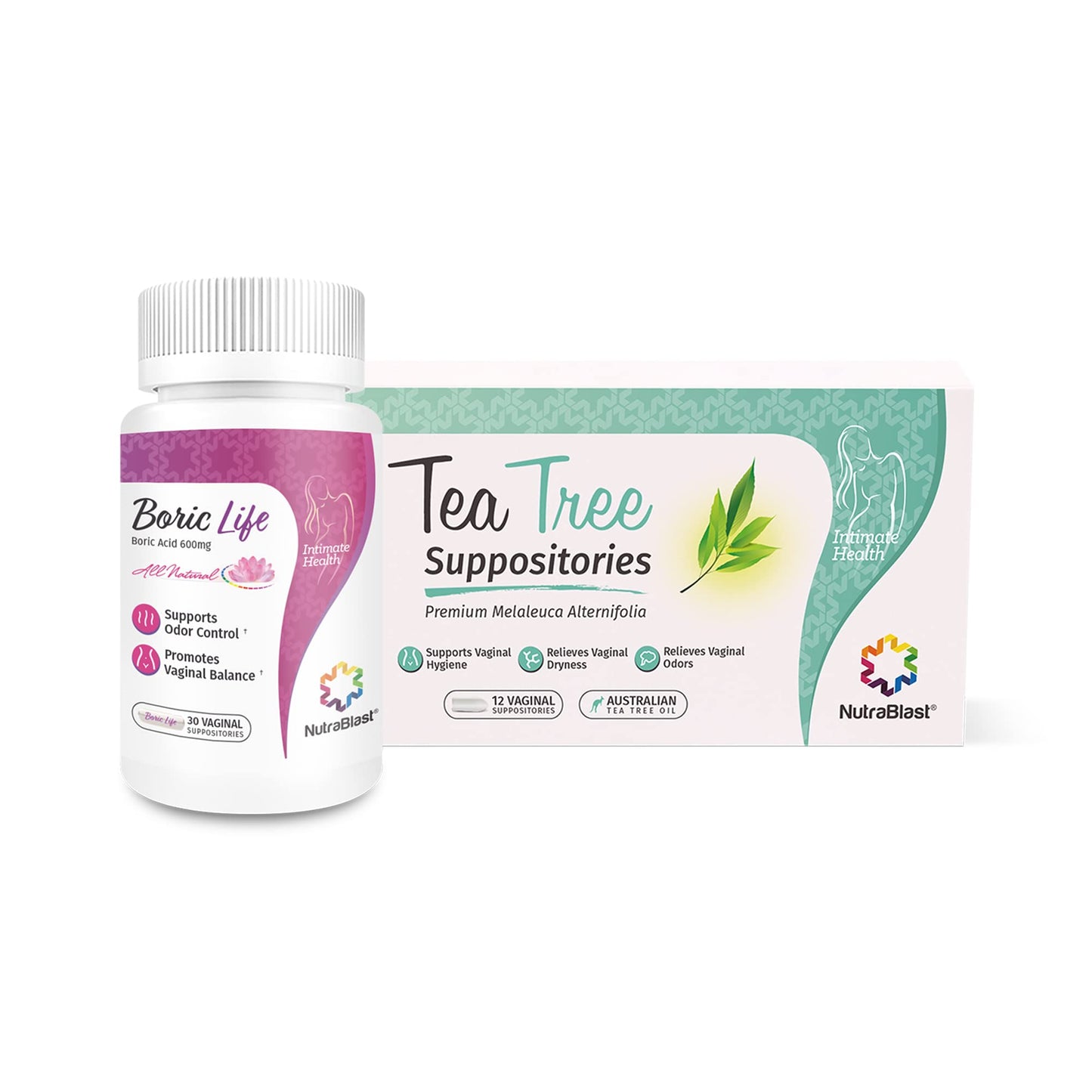 NutraBlast Boric Acid Suppositories 600mg (30 Count) Bundle with Tea Tree Oil Suppositories (12 Count) | All Natural Intimate Deodorant for Women | Restore Feminine pH Balance NutraBlastBuy Supplements Australia