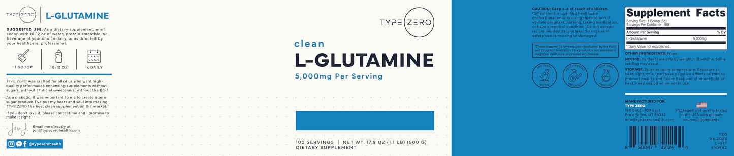 Type Zero L-Glutamine Powder (500G) 3-Month Supply Pure L-Glutamine Supplement - Vegan, Gluten Free, No Fillers Type ZeroBuy Supplements Australia