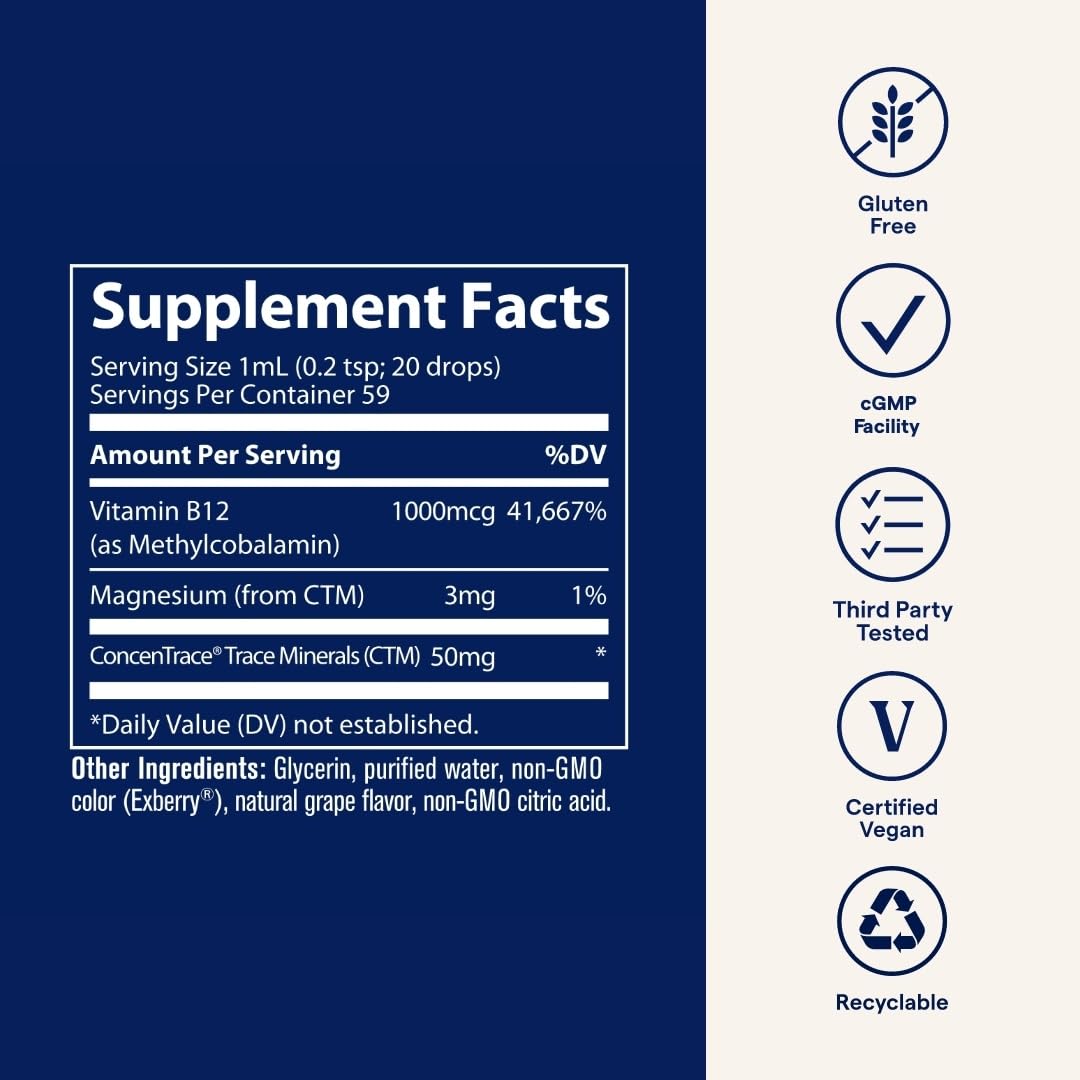 Trace Minerals Ionic B12 - Liquid Multivitamin for Hormone Balance & Healthy Nerve Function - Supports Metabolic Health - Enzyme Production - Natural Wellness Formula - 2 fl oz (59 Servings) Trace MineralsBuy Supplements Australia