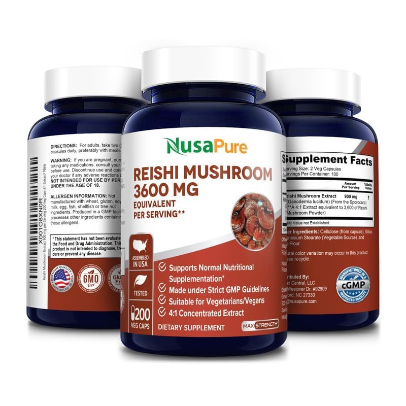 NusaPure Reishi Mushroom 4:1 Extract, 900 mg Equivalent to 3,600mg per Capsule 200 Veggie Caps Vegan, Non-GMO, Gluten-Free NusaPureBuy Supplements Australia