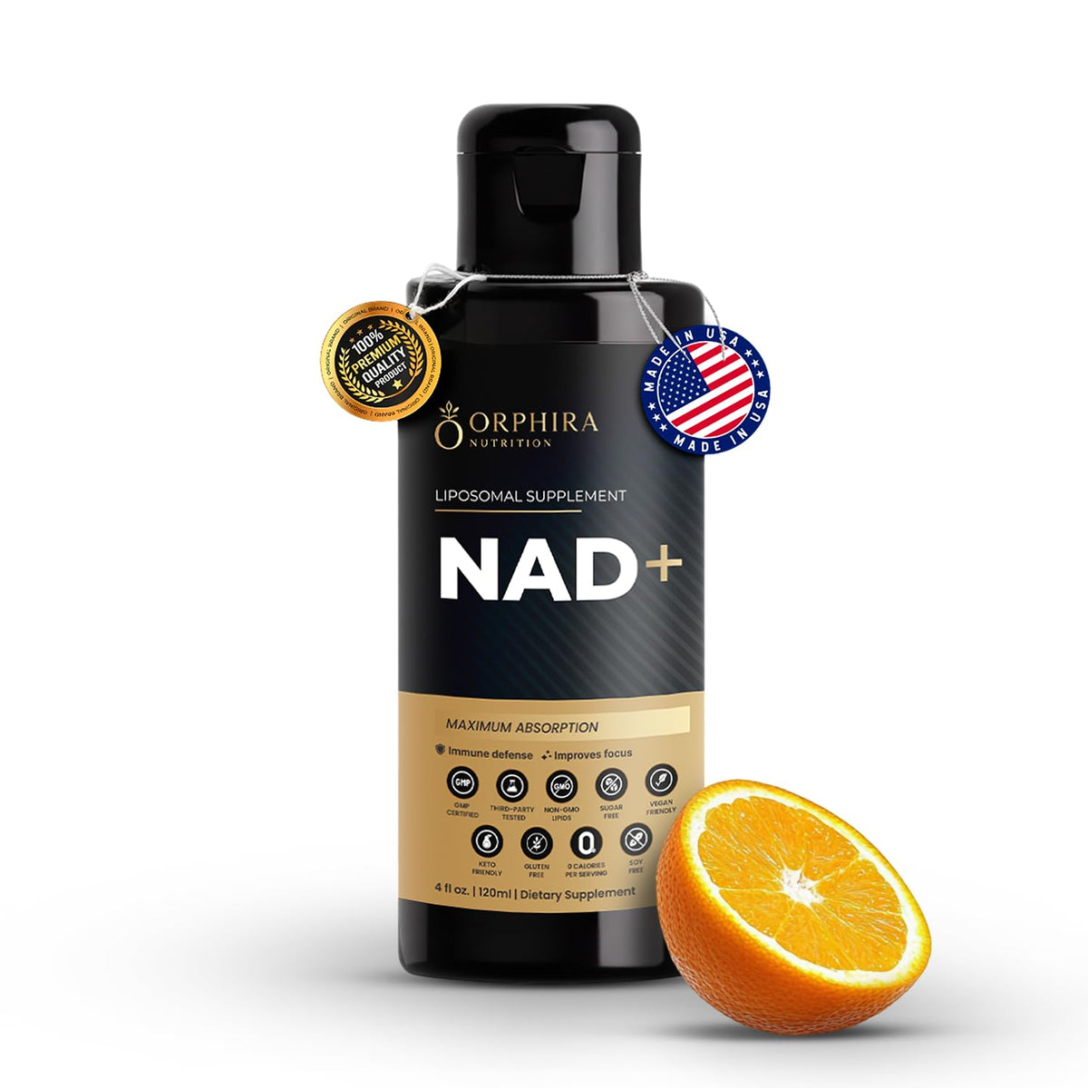 Orphira NAD+ supplement bottle with an orange on a white background