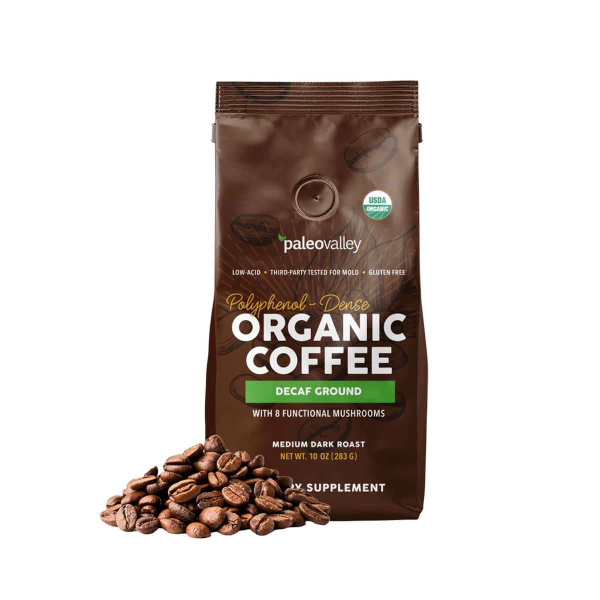 Paleovalley Organic Ground Coffee, 10oz - Decaf, Low Acid, Single-Origin, Polyphenol-Rich, Infused with Mushrooms PaleovalleyBuy Supplements Australia