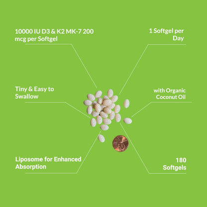 UpNourish Liposomal D3 K2 Vitamin 10000 IU D3 and K2 MK-7 200 mcg - 180 Vitamin D3 k2 (Vitamina D3 con K2) Mini Softgels - Easy to Swallow K2 D3 Vitamin UpNourish buy supplements Au