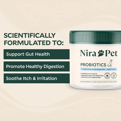 Nira Pet Probiotics for Dogs – 60 Beef-Flavored Chews with Postbiotics, Colostrum, Ashwagandha & Lactobacillus – Supports Gut Health, Immunity, Diarrhea, Gas & Stress Nira PetBuy Supplements Australia
