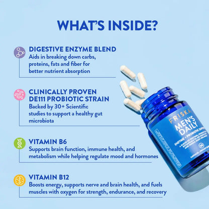 Friska Daily Digestive Enzymes with Probiotics for Men - Helps Break Down Protein, Fat & Carbs, Reduces Bloating & Gas, with Vitamins B6 & B12, 30 Capsules FR!SKABuy Supplements Australia