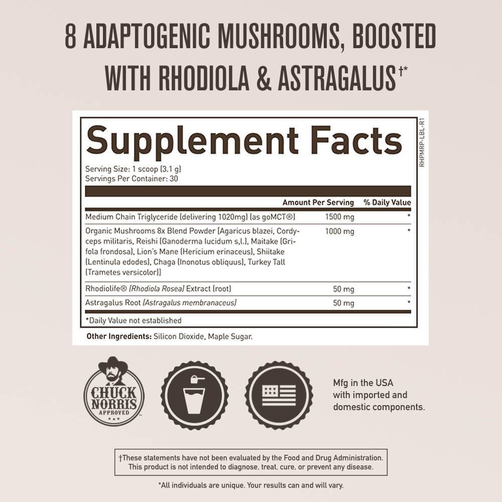 ROUNDHOUSE PROVISION Qi Master Adaptogen Blend, Earthy Mushroom Flavor with Astragalus Root, Rhodiolife Extract, MCT, 8 Organic Mushrooms (30 Scoops) by Chuck Norris ROUNDHOUSE PROVISIONBuy Supplements Australia