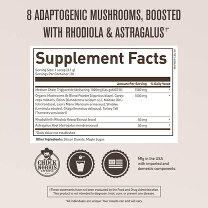 ROUNDHOUSE PROVISION Qi Master Adaptogen Blend, Earthy Mushroom Flavor with Astragalus Root, Rhodiolife Extract, MCT, 8 Organic Mushrooms (30 Scoops) by Chuck Norris ROUNDHOUSE PROVISIONBuy Supplements Australia