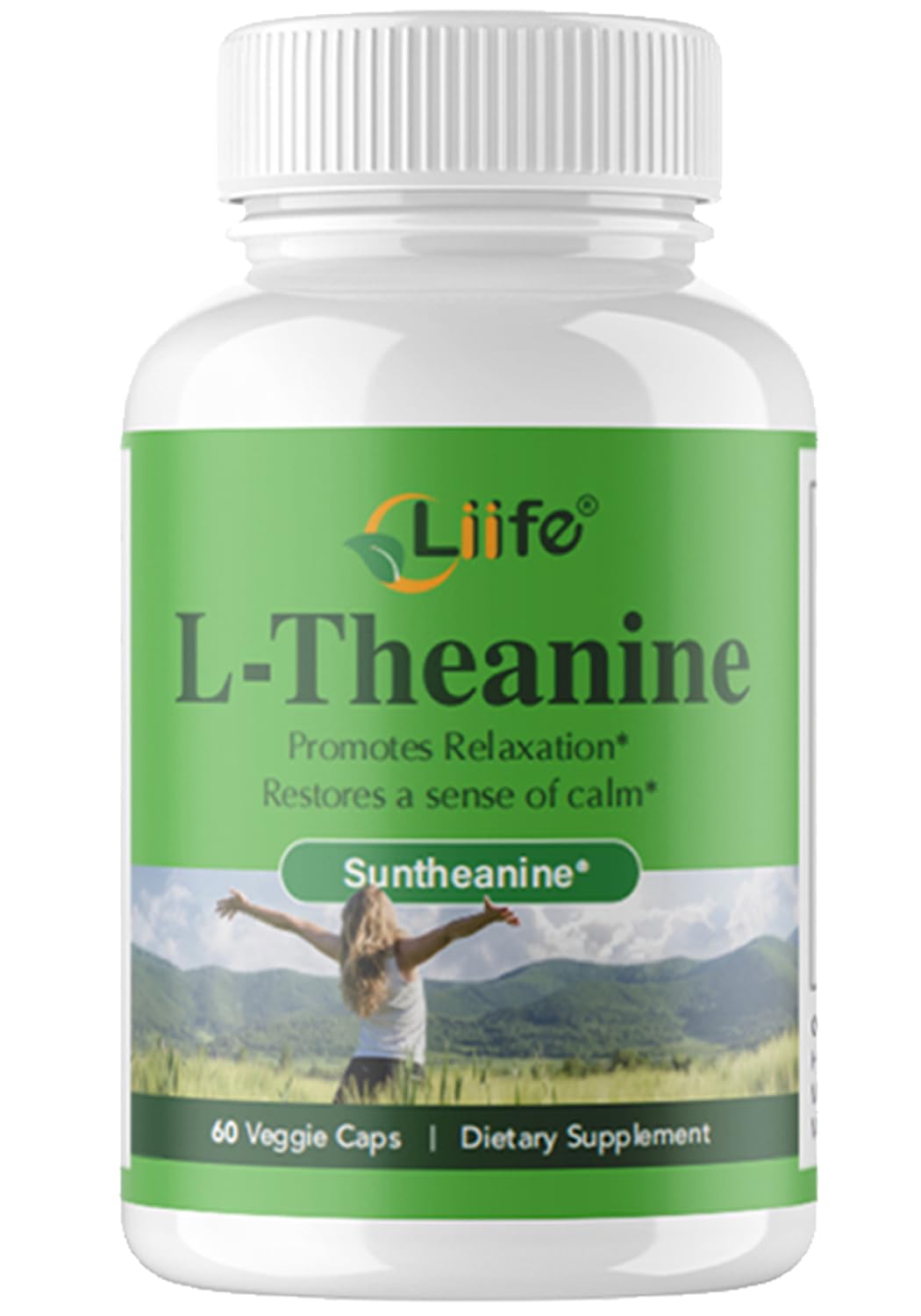 Supplement bottle labeled 'L-Theanine' with a white cap and green label on a white background.
