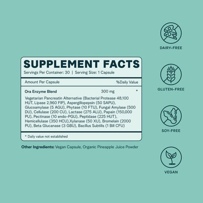 Ora Organic Multi-Enzyme Supplement - Vegan, Gluten Free Enzymes for Digestion with Probiotics for Gut Health, Bloating, Constipation and Gas Relief - 30 Easy to Swallow Capsules Ora OrganicBuy Supplements Australia