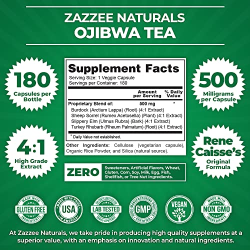 Zazzee Extra Strength Ojibwa Tea 500 mg, 180 Vegan Capsules, Rene Caisse's Original ZazzeeBuy Supplements Australia