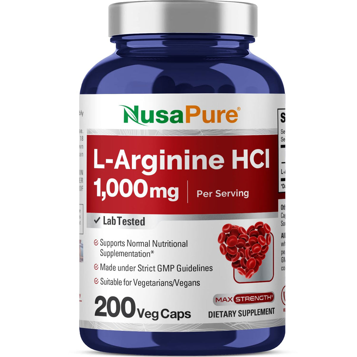 NusaPure L-Arginine 1000 mg 200 Veggie Capsules (Non-GMO, Vegetarian, Vegan) NusaPureBuy Supplements Australia