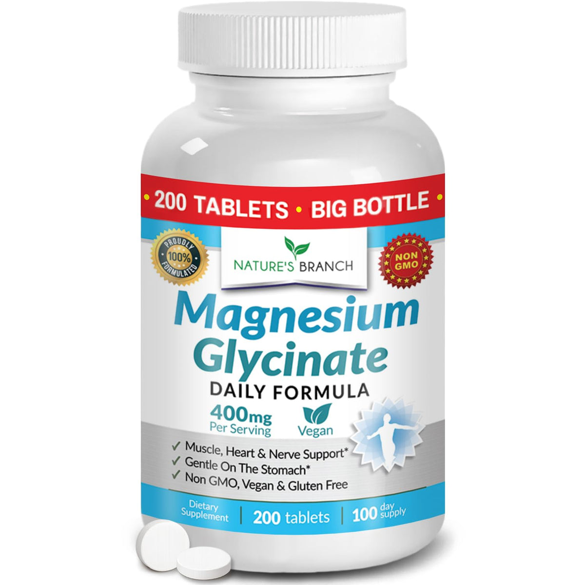 Magnesium Glycinate 400mg | 200 Tablets | High Absorption Mag Supplements for Sleep, Leg Cramps, Heart, Muscle, Calm | Non Buffered Bisglycinate, Extra Strength for Women and Men, Tablets Not Capsules NATURE'S BRANCHBuy Supplements Australia