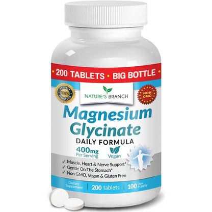 Magnesium Glycinate 400mg | 200 Tablets | High Absorption Mag Supplements for Sleep, Leg Cramps, Heart, Muscle, Calm | Non Buffered Bisglycinate, Extra Strength for Women and Men, Tablets Not Capsules NATURE'S BRANCHBuy Supplements Australia