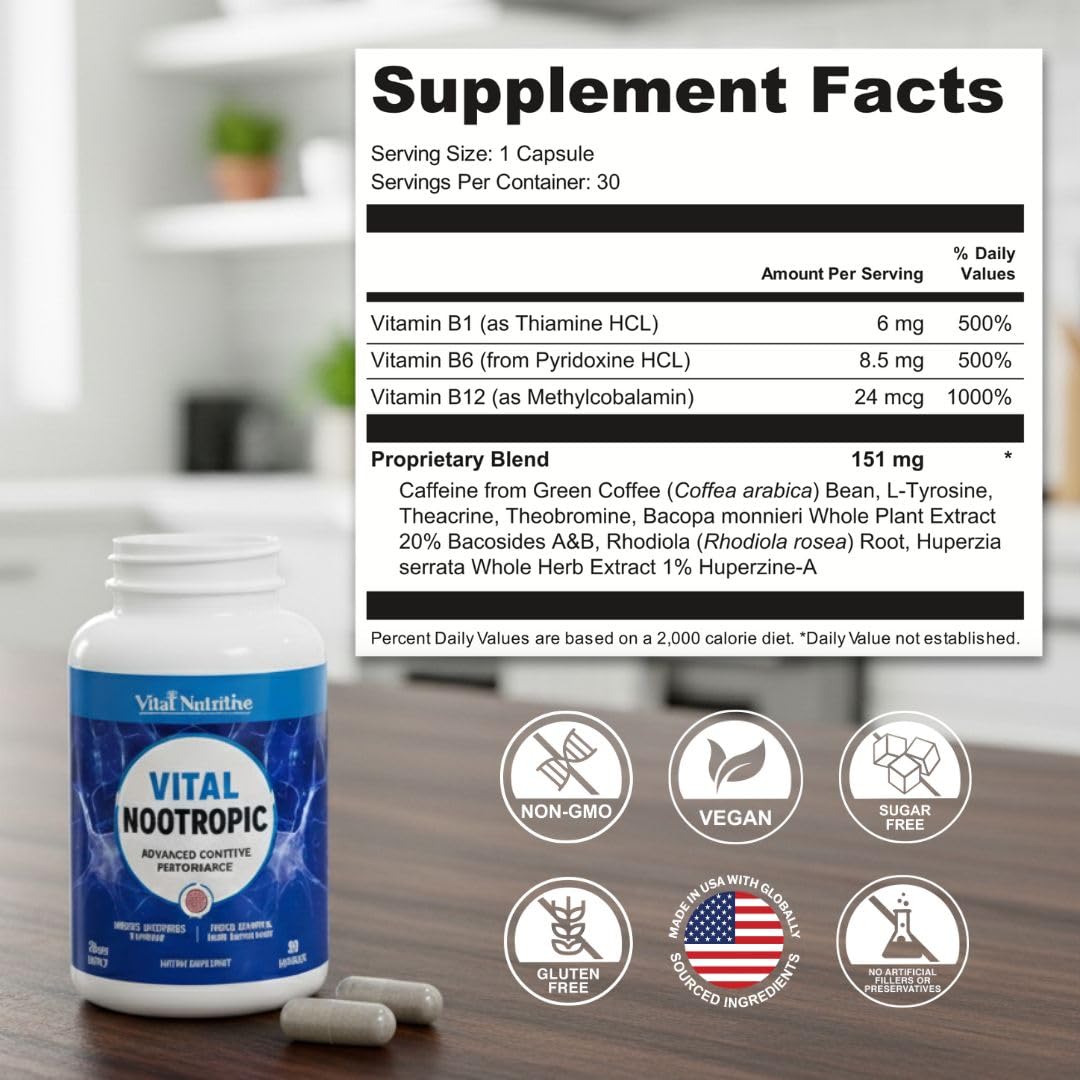 Vital Nootropic 12-in-1 Brain Supplement for Memory, Focus & Energy Support – L-Tyrosine, Bacopa, Rhodiola, Caffeine, B Vitamins – Cognitive Balance Capsules for Men & Women-30 Days Supply VITAL NUTRITIVEBuy Supplements Australia