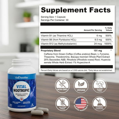 Vital Nootropic 12-in-1 Brain Supplement for Memory, Focus & Energy Support – L-Tyrosine, Bacopa, Rhodiola, Caffeine, B Vitamins – Cognitive Balance Capsules for Men & Women-30 Days Supply VITAL NUTRITIVEBuy Supplements Australia