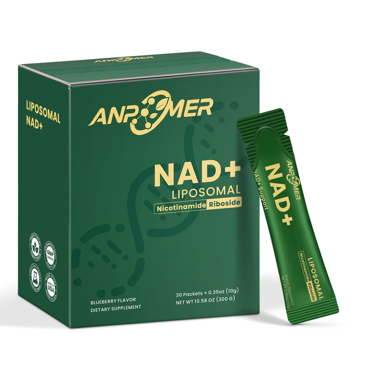 Green box and packet of ANPOMER NAD+ Liposomal dietary supplement on a white background