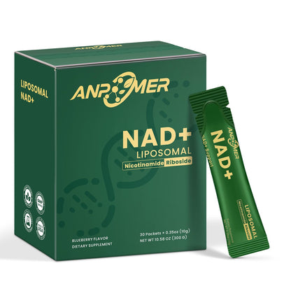 Green box and packet of ANPOMER NAD+ Liposomal dietary supplement on a white background