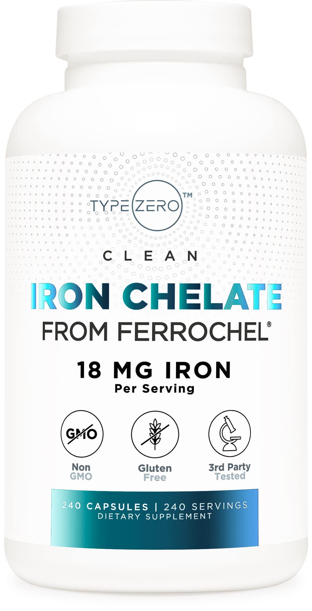 Type Zero Iron Chelate Capsules (18 MG, 240 CAPS) from Ferrochel Ferrous Bisglycinate Chelate - Non-GMO and Gluten Free Type ZeroBuy Supplements Australia