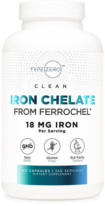 Type Zero Iron Chelate Capsules (18 MG, 240 CAPS) from Ferrochel Ferrous Bisglycinate Chelate - Non-GMO and Gluten Free Type ZeroBuy Supplements Australia