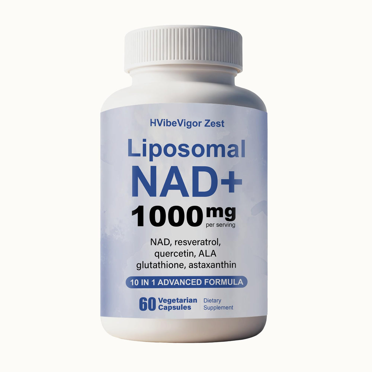 Supplement bottle labeled 'Liposomal NAD+ 1000 mg' on a white background