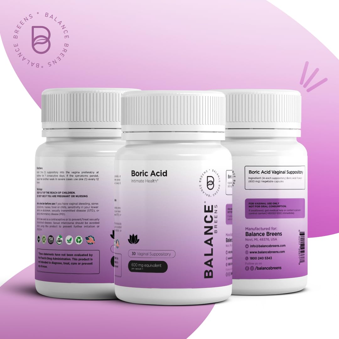 Boric Acid Suppositories for Women 600 mg - 30 Vaginal Use Capsules - ph Balance Pills, Odor Control BalancebreensBuy Supplements Australia