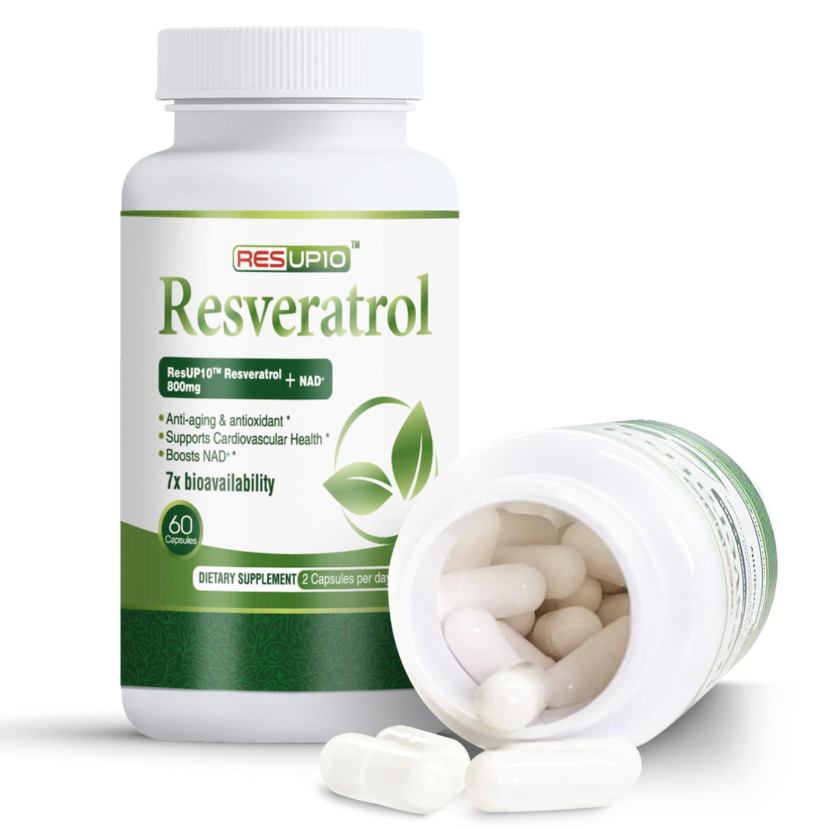 Resveratrol dietary supplement bottle with open cap showing pills on a white background