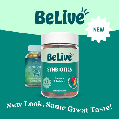 BeLive Synbiotics - Probiotic & Prebiotic Fiber Gummies – High Strength Inulin (3g), Dietary Fiber Supplement, Digestive Support for Kids & Adults - Strawberry, Orange,