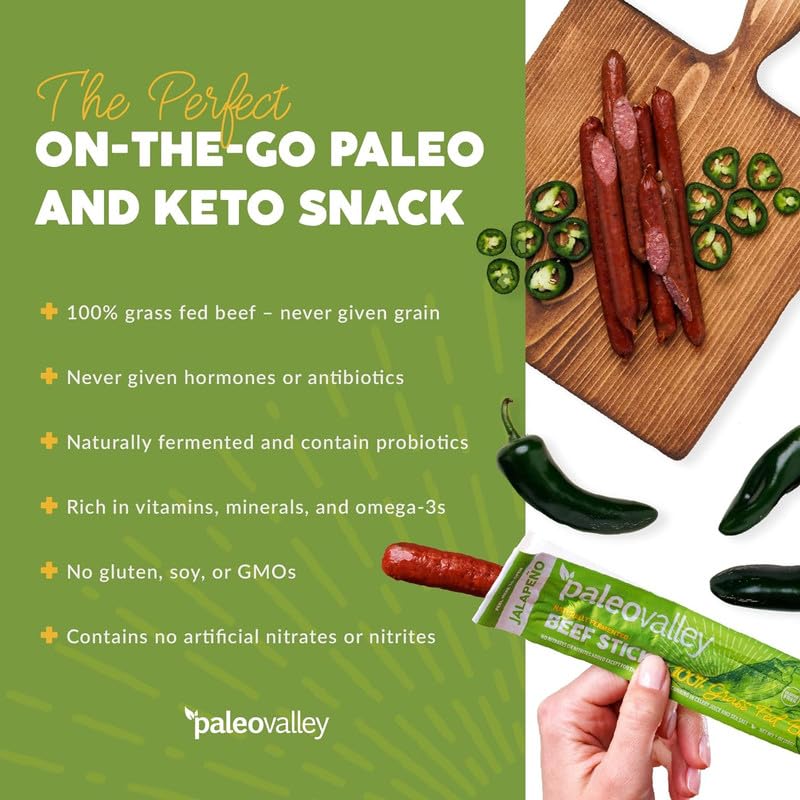 Paleovalley 100% Grass Fed Jalapeno Beef Sticks - Delicious Gluten Free Beef Snack - High Protein Keto Friendly PaleovalleyBuy Supplements Australia