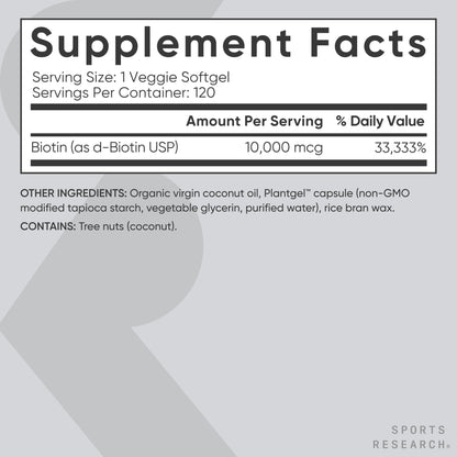 Sports Research® Biotin 10,000mcg with Organic Coconut Oil - Biotin (Vitamin B7) for Healthy Skin and Hair Support* - for Women and Men - Vegan, Non-GMO