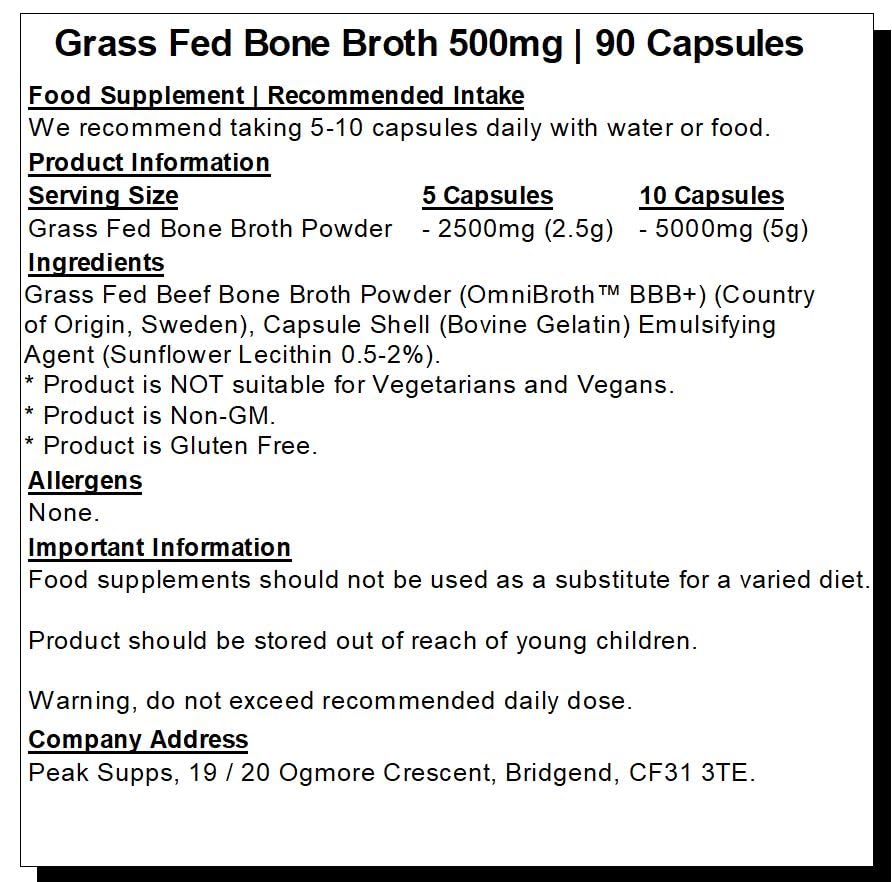 Grass fed Beef Bone Broth 500mg- 90 Capsules - Rich in Type 1 & 3 Collagen Peak SuppsBuy Supplements Australia