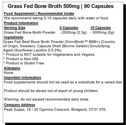 Grass fed Beef Bone Broth 500mg- 90 Capsules - Rich in Type 1 & 3 Collagen Peak SuppsBuy Supplements Australia