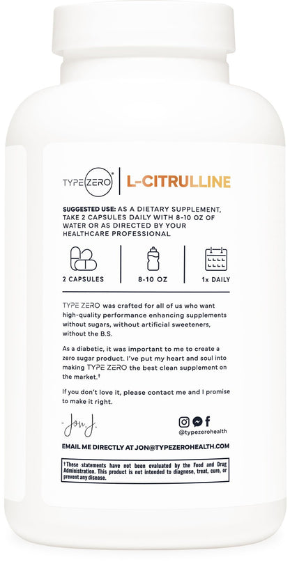 Type Zero L-Citrulline Capsules (180 Capsules) (1500 mg per Serving) - GMO-Free Type ZeroBuy Supplements Australia