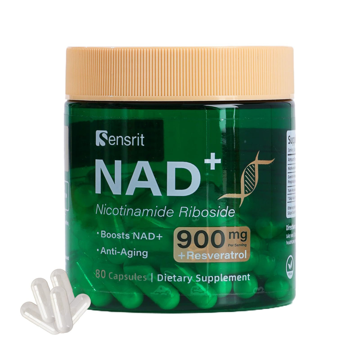 Green supplement jar labeled 'NAD+' with a beige lid on a white background