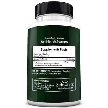 BioSchwartz Magnesium Complex Supplement (90 Capsules) 350mg Magnesium Glycinate Citrate Malate and Taurate Per Serving for Healthy Nerves Muscles Heart Sleep Support (Vegan, Gluten-Free, Non-GMO) BioSchwartzBuy Supplements Australia
