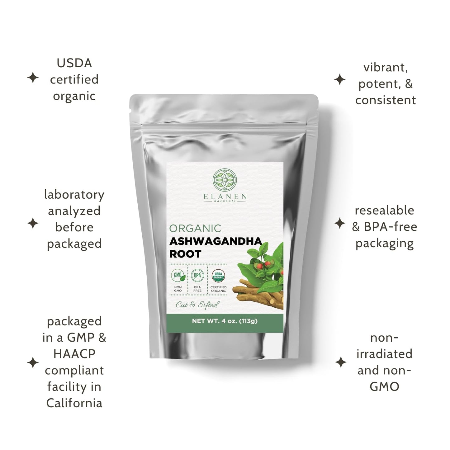 Elanen Naturals Organic Ashwagandha Root 4 oz. (113g), USDA Certified Organic Ashwagandha Root Loose Leaf Tea, Dried Withania somnifera, Cut & Sifted Elanen NaturalsBuy Supplements Australia